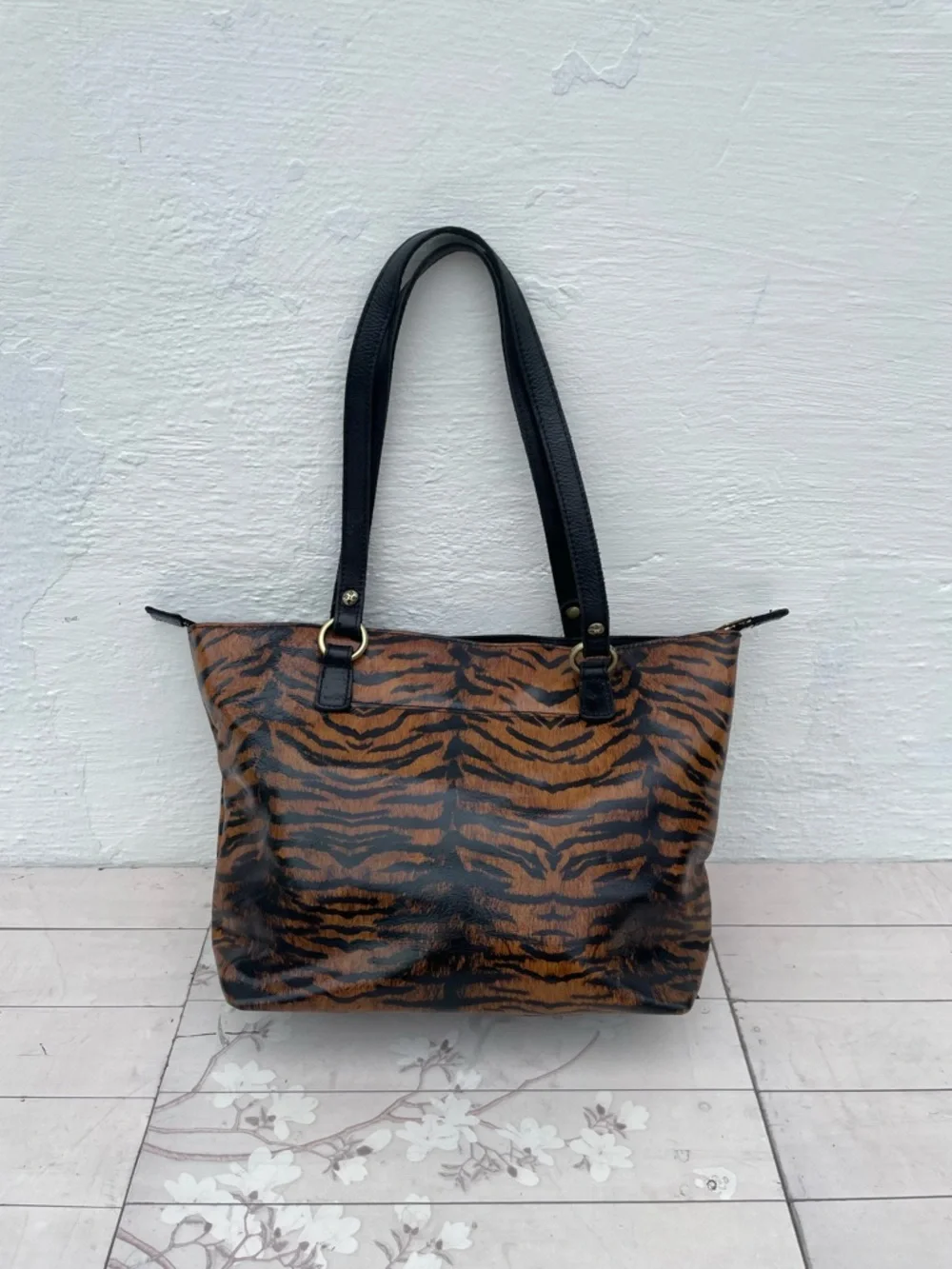 Patricia Nash Black Leather Duffel with Brown Suede Interior